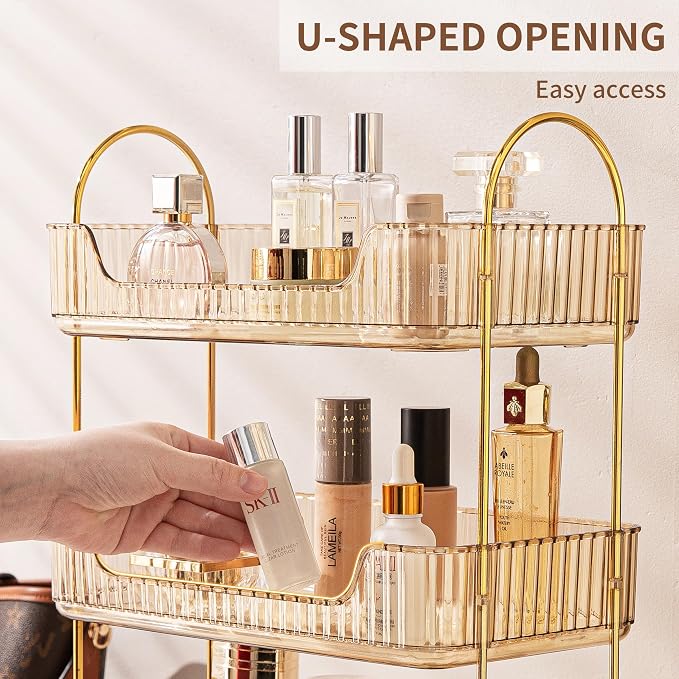Akinbas 2 Tier Bathroom Organizer Countertop Makeup Perfume Tray Skincare Organizer for Bathroom Dresser Vanity (Gold)