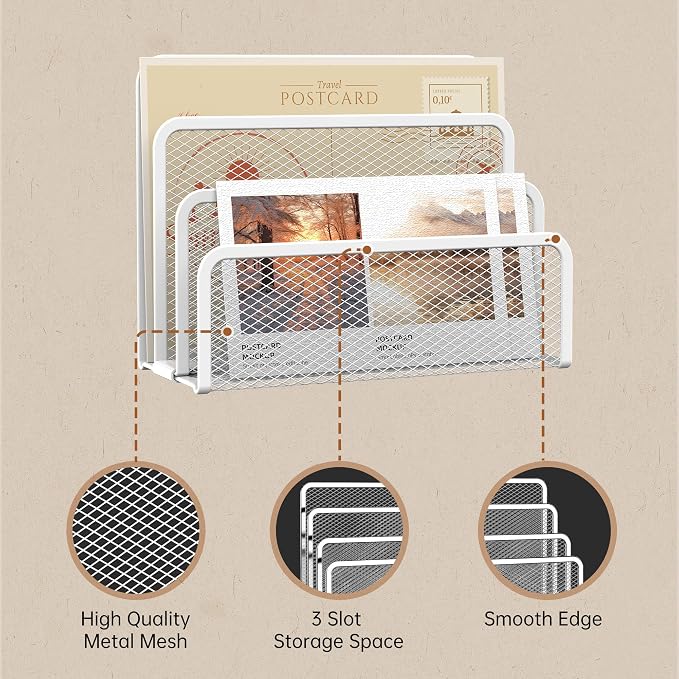 Mail Organizer Countertop for Desk, Mail File Holder with 3-Slot, White | Metal Mesh Mail Sorter for Letters, Envelopes, Bills, and Files for Home Offices, Classroom Organization
