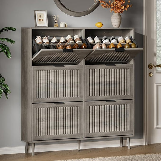 Xixini Shoe Storage Cabinet with 6 Flip Drawers, 50" Tall Narrow Wood Fluted Shoe Organizer for Entryway, Freestanding Wooden Hidden Slim Shoe Rack for Front Door Entrance, Hallway, Foyer, Light Grey