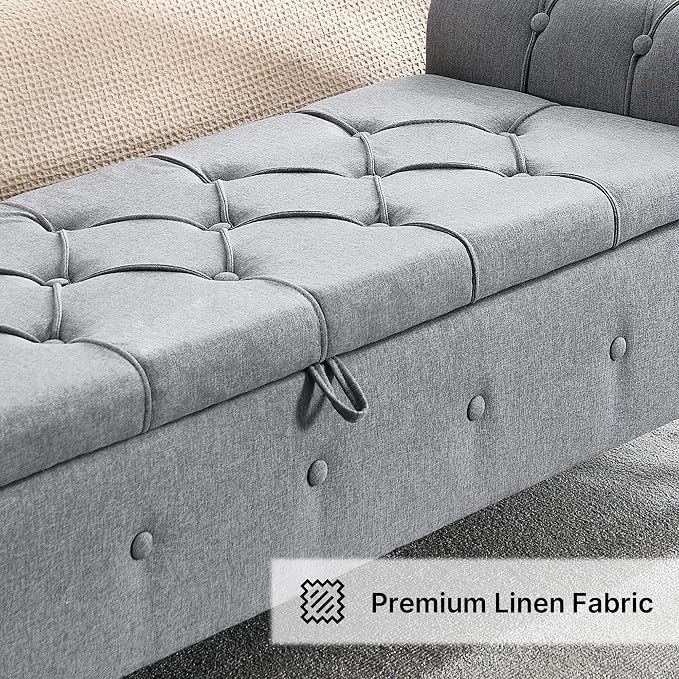 Storage Bench 67" Linen End of Bed Benches Grey | King Size Storage Bench for Bedroom with Rolled Arms Tufted Ottoman Benches Upholstered Bench for Living Room Entryway