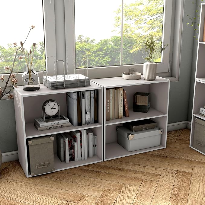 Homes: Inside + Out Apexa 2-Tier Cube Storage Organizer Shelves, Stackable Wood Bookcase Fits Cubby Bins for Organization, Dorm Teen Room Decor & Home Office, Taupe Grey