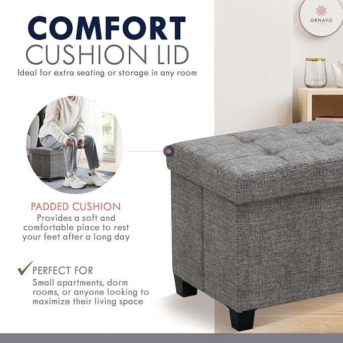 Ornavo Home Small Rectangle Storage Ottoman with Legs, 12x16x12, Dark Gray | Foot Rest Stool Seat; Holds Up to 600 lbs; Ideal for Living Room, Bedroom, Home Office or Dorm