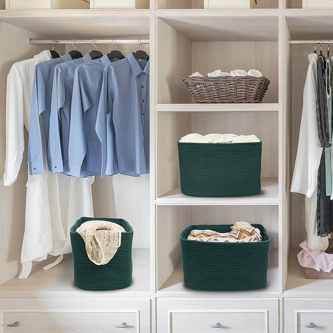 XUANGUO Woven Cotton Rope Storage Baskets 15x10x9.3" 3 Pack Dark Green | Decorative rectangular storage baskets for shelves and closets; storage bins organize clothes, toys, books and nursery items.