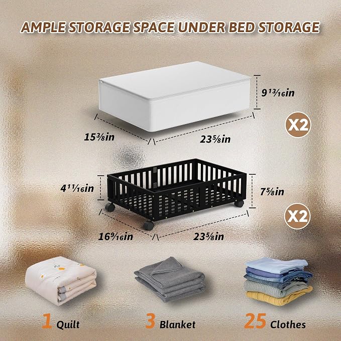 MHXW SXPN 2 Pack Bamboo Under Bed Storage Containers with Wheels, Black | Underbed Drawer Storage with Bag, Wood Rolling Underbed Organizer for Shoes, Sheets Clothes Blanket Comforter, Under Crib Toy