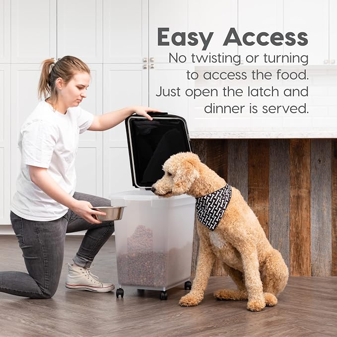 IRIS USA Dog Food Storage Container, Up to 50 lbs, Black, Made in USA | Wheels for Mobility, Airtight Seal, BPA-Free, Best for Bird Seed, Cat food, Cat Litter, Chicken Feed, Pellets