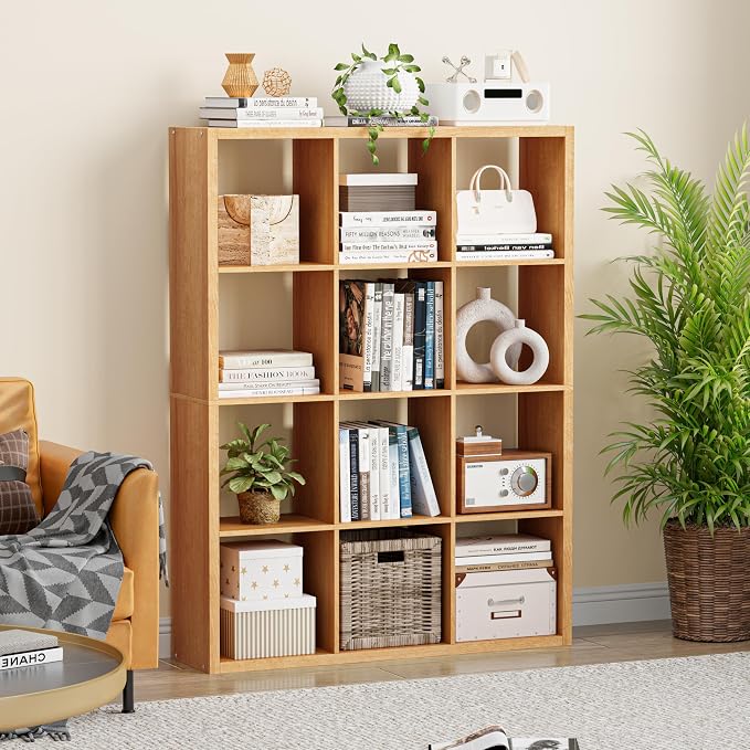 VDNEND Cube Storage Organizer Bookcase, Decorative 11 inch Open Back Cubical Shelf with Thickened Border, Display Bookshelf for Living Room, Home Office, Sturdy Room (Natural Oak, 12 Cube)