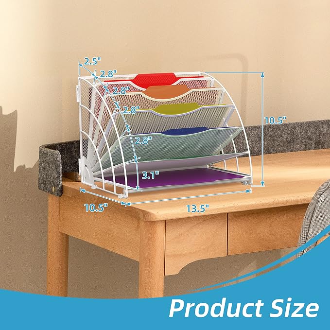 Fan Shaped Desk File Organizer, Paper File Holder for Desk, White | Metal mesh frame, tiered open design for easy access, organizes papers, folders and books for offices, schools and classrooms