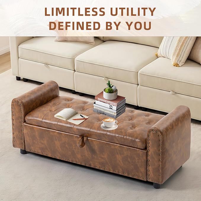 48" Ottoman with Storage, Tufted Storage Ottoman Bench, Convenient Living Room Fabrics Bench Seat, Entryway Shoe Benches with Inner Zipper & Arm, Upholstered Window Seat Ottomans with Rivets, Brown
