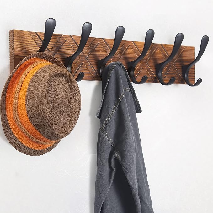 SKOLOO Coat Rack Wall Mount - Antique Wooden Carved- X Cross Coat Hook,Pack of 2, Wall Coat Hanger with 6 Hooks for Hanging Coats, Hats, Clothing, Scarfs, Brown & Black