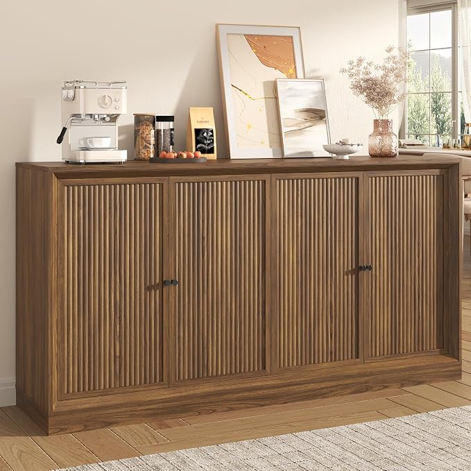 Hlivelood 63” Fluted Sideboard Buffet Cabinet with Storage, Mid Century Modern Wooden Credenza with 4 Doors & Adjustable Shelves, Beveled Edge Storage Cabinet for Kitchen, Living Room (Walnut)