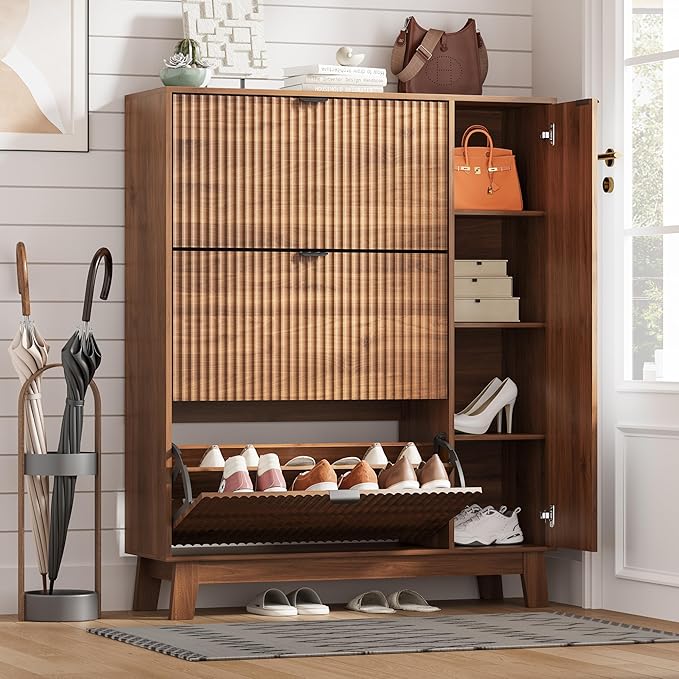 Shoe Cabinet Storage for Entryway with 3 Flip Drawers & Side Cabinet, Fluted Narrow Shoe Organizer with Wooden Leg, Freestanding Shoe Storage Hidden Shoe Rack Organizer for Front Door Entrance, Walnut