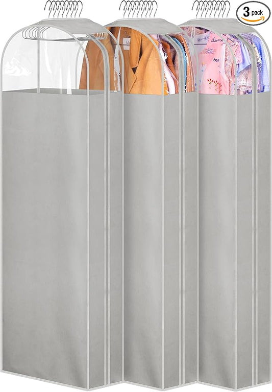 MISSLO 10" Gusseted Garment Bags for Hanging Clothes Storage 60" Dress Bags for Gowns Long Breathable Dress Cover for Closet Storage Coat Protector, 3 Packs, Grey