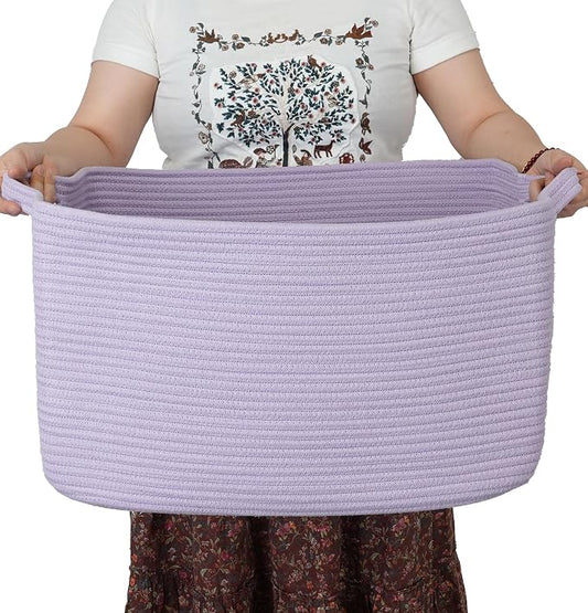 XUANGUO Large Woven Cotton Rope Blanket Basket 22"x17"x12" Lavender Purple | Storage basket for nursery and living room; toy basket for kids, laundry basket for clothes and towels, or gift basket.