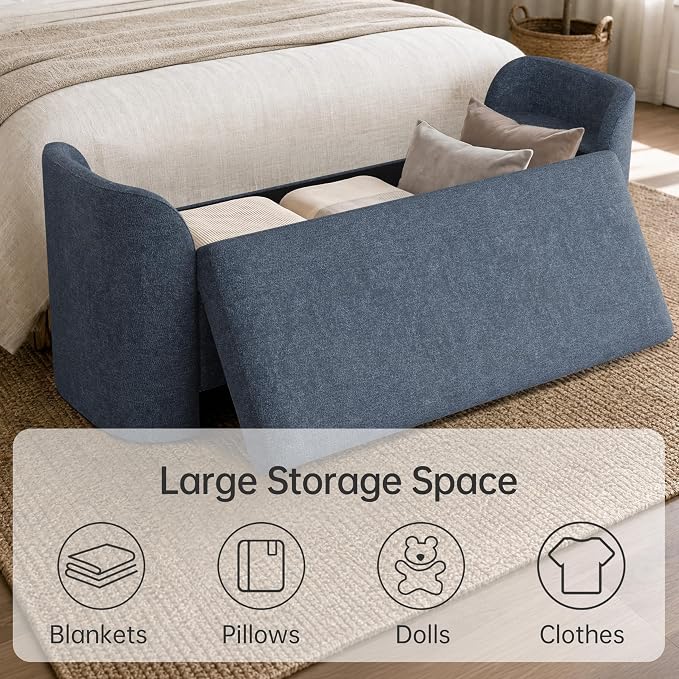Usaint 58.3" Upholstered Storage Ottoman Bench with 2 Throw Pillows, Blue | End of Bed Bench with Curved Arms and Thickened Seat Cushion for Bedroom, Livingroom, Window, Entryway and Dressing Areas