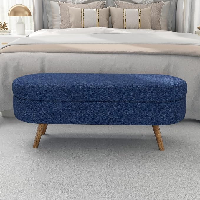 43.5” Storage Ottoman Bench，Upholstered Oval End of Bed Bench for Bedroom | Modern Linen Ottoman with Storage, Entryway Foot Rest with Wooden Legs, Lift-Top Lid with Safety Hinge, Living Room, Blue