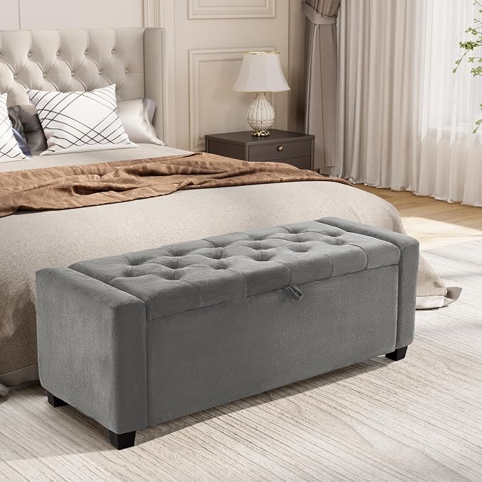 Royal Windsor Ottoman with Storage,Tufted Storage Bench with Safety Hinge,Holds up to 350 lb,Upholstered Bench with Seating for Bedroom, Living Room,Entryway,Linen Light Gray