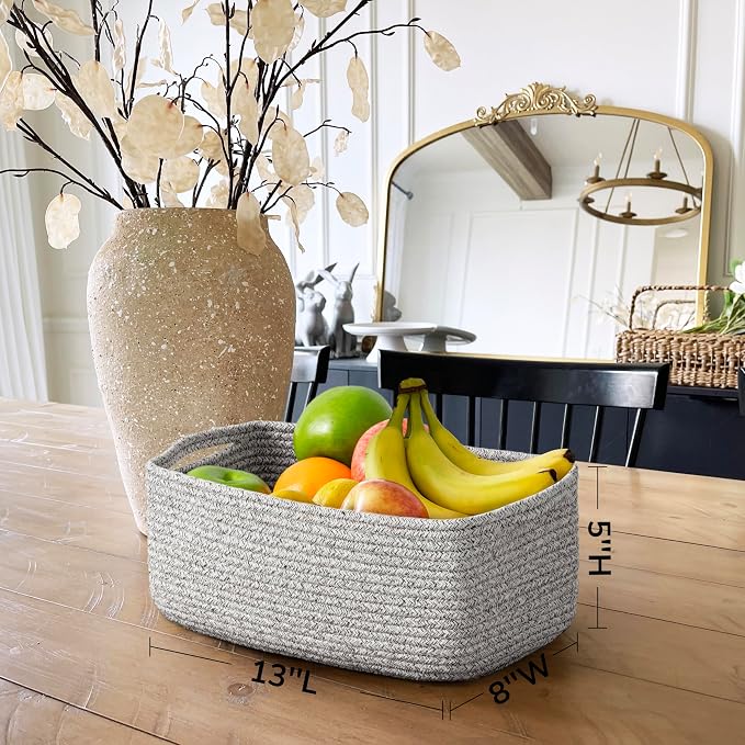 Goodpick 3-Pack Woven Baskets for Closet,13 x 8 x 5 in | Woven Baskets for Shelves, Closet Organizer Bins, Empty Baskets for Gifts,Woven Basket for Play Room, White & Gray