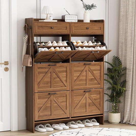 Shoe Cabinet with 6 Flip Drawers & 2 Top Drawers, 57" Tall Freestanding Narrow Wooden Shoe Storage Organizer for Entryway, Hidden Slim Shoe Rack for Front Door Entrance, Hallway, Living Room, Walnut