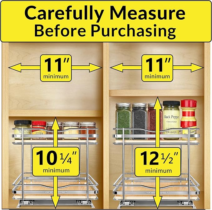 LYNK PROFESSIONAL® Élite™ Pull Out Spice Organization for Cabinets - 10-3/8 inch Wide – Spice Rack for Inside Cabinets – Wood/Chrome - Sliding Spice Rack Organizer for cabinet – Spice Rack - 2 Tier