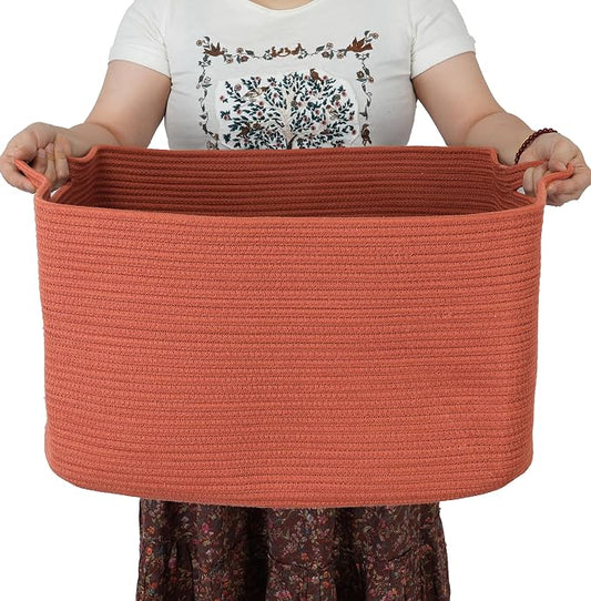 XUANGUO Large Rectangle Woven Cotton Rope Blanket Basket 22"x17"x12" Rustic | Storage basket for nursery and living room; toy basket for kids, dog toy storage, or laundry basket for clothes and towels.