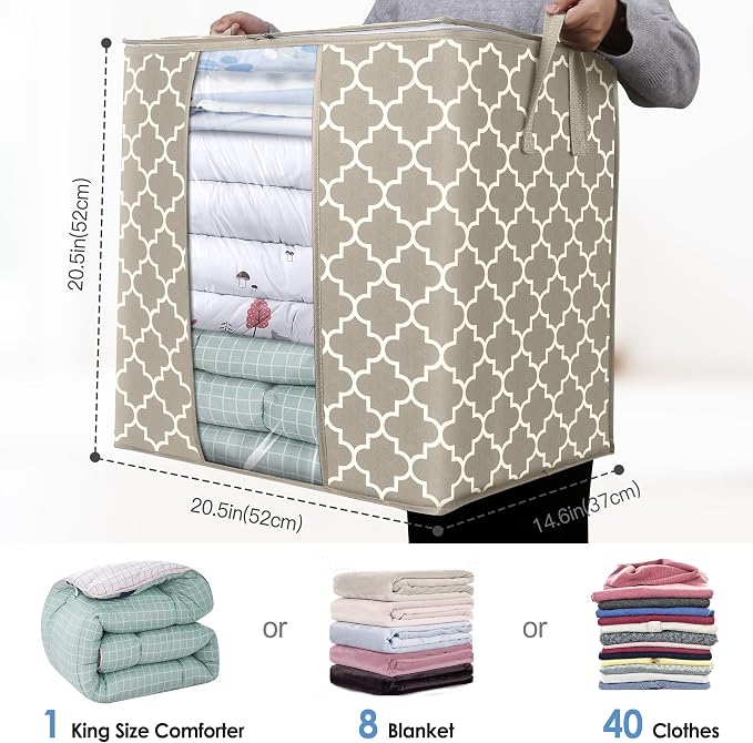 WISELIFE Storage Bags 2 Pack/100L Large Blanket Clothes Organization and Storage Containers for Comforters,Bedding, Foldable Organizer with Reinforced Handle, Clear Window, Sturdy Zippers,Beige