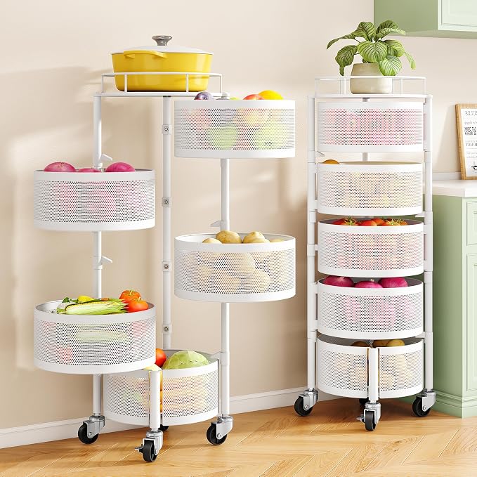 SNTD Fruit and Vegetable Basket Bowls for Kitchen with Metal Top Lid, 5 Tier Rotating Storage Rack Cart for Potato Onion Banana, Wire Basket Organizer on Wheels, Large (White)