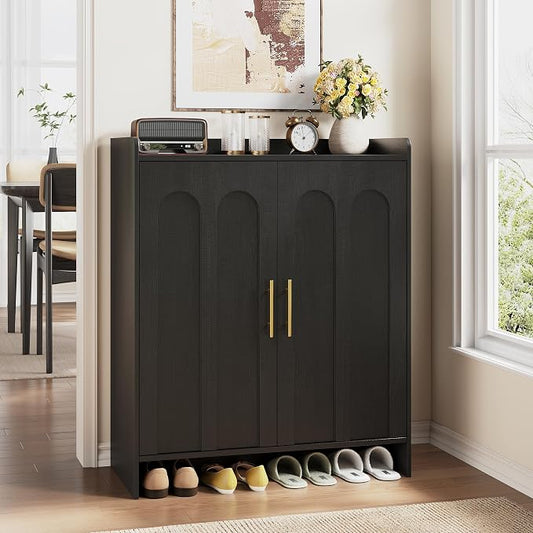 Maupvit 38.39" Tall Modern Shoe Cabinet, Entryway Storage Cabinet with Arched Doors & Gold Handles, Wood Shoe Organizer with Shelves, Freestanding Shoe Rack for Hallway, Living Room, Black