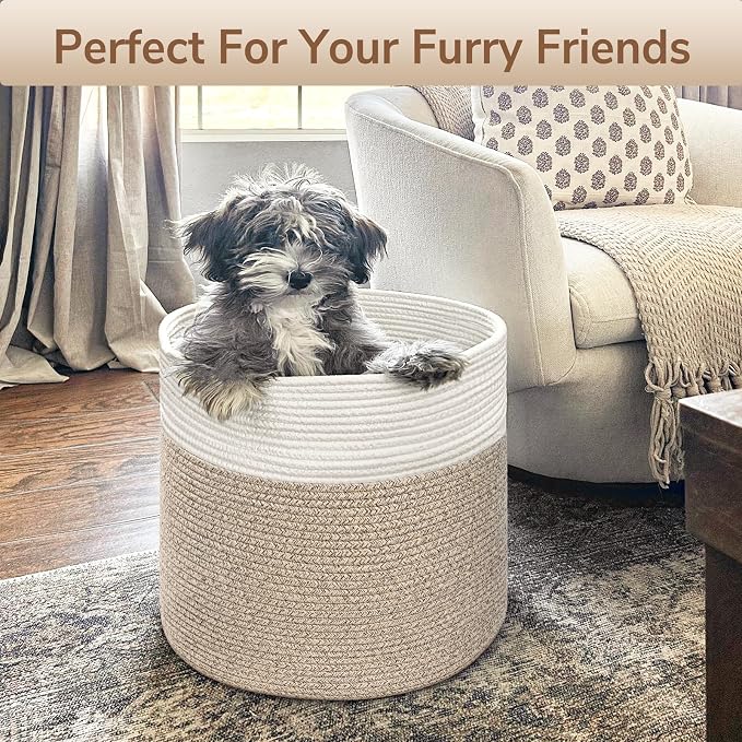 Goodpick Rope Basket for Blankets & Toys, Toy Storage for Organizingr, 45L | 15.8 x 15.8 x 13.8 In Toy Storage Basket for Nursery, Blanket Basket for Living room, Laundry Basket, Light Brown