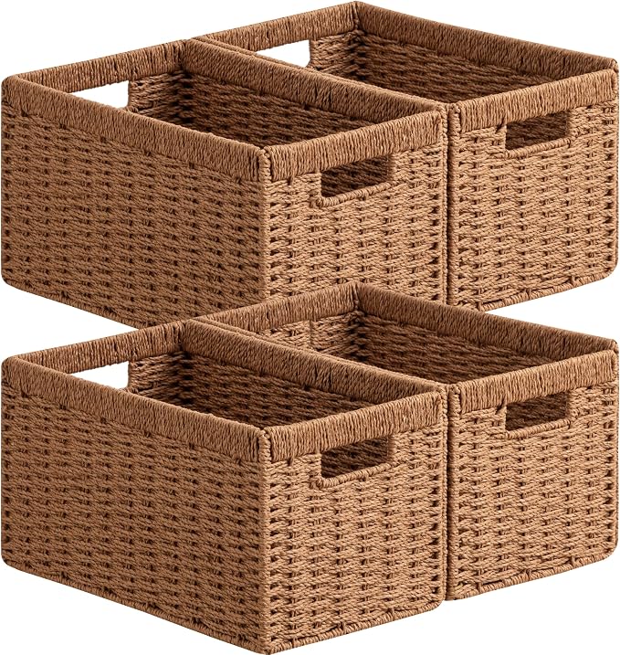 UBBCARE 4 Pack Wicker Basket, 13.4L×8.3H×7.1W inch Woven Paper Rope Storage Baskets for Shelves, Foldable Rectangular Storage Baskets with Handle, Storage Basket for Organizing, Caramel