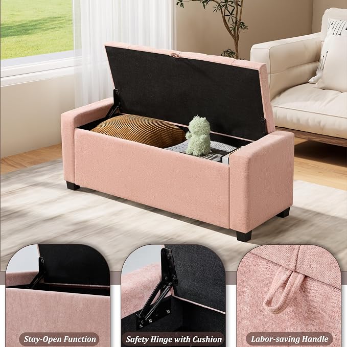 Royal Windsor Ottoman with Storage,Tufted Storage Bench with Safety Hinge,Holds up to 350 lb,Upholstered Bench with Seating for Bedroom, Living Room,Entryway,Pink