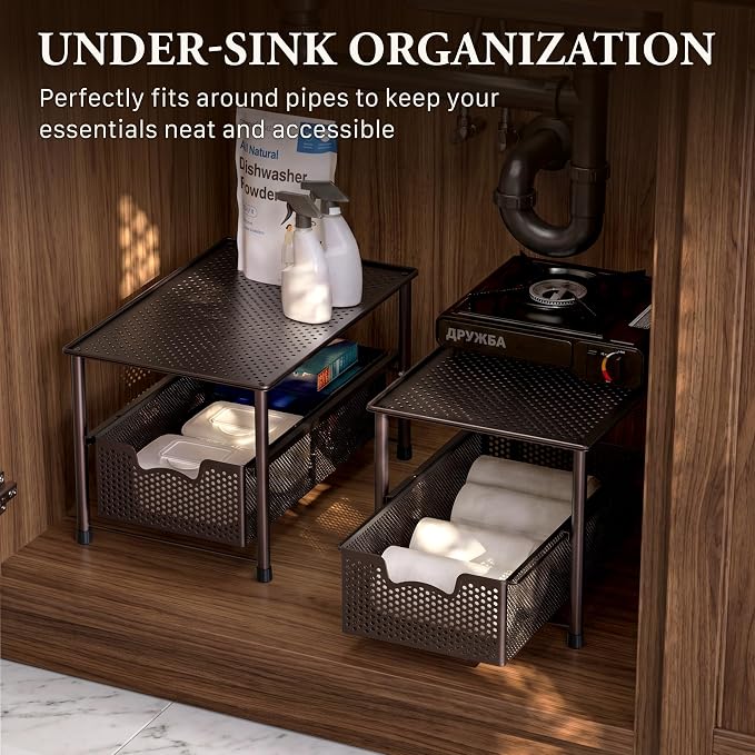 Simple Houseware Stackable Under Sink Sliding Basket Drawer, Brown | Perforated Free Standing Organizer, Kitchen/Pantry/Cabinet/Counter