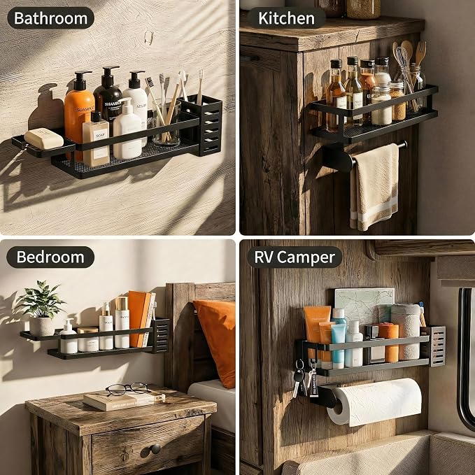 PUSDON 5-in-1 Shower Caddy & Kitchen Organizer Set, Wall Mount Wide Spice Rack with Paper Towel Holder, Utensil Holder, Soap Dish, Rustproof Mesh Baskets Hold 50LBS - Matte Black, Guardrail