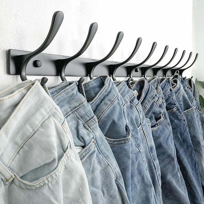 SKOLOO Coat Rack Wall Mounted - 10 Hooks, Pack of 2, Heavy Duty, Stainless Steel, Metal Wall Hanger, Sturdy Coat Hooks for Hanging Coats, Jacket, Clothes, Hat, Black