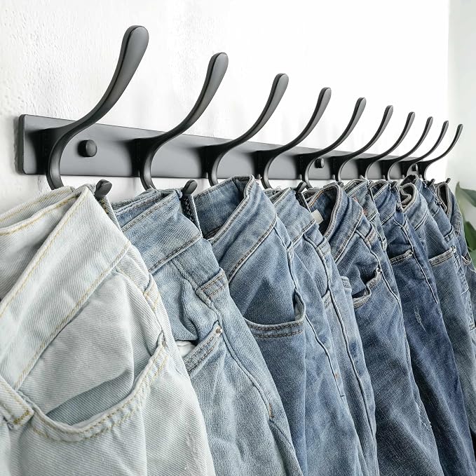SKOLOO Coat Rack Wall Mounted - 10 Hooks, Heavy Duty, Stainless Steel, Metal Wall Hangers, Sturdy Coat Hooks for Hanging Coats, Jacket, Clothes, Hat, Black