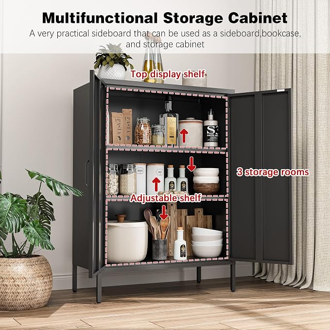 Bevivog Metal Locker Storage Cabinet, Home Office Metal Storage Cabinet Small Sideboard with 2 Doors and 2 Adjustable Shelves,40" Counter Cabinets for Office Garage Bathroom Living Room Hallway