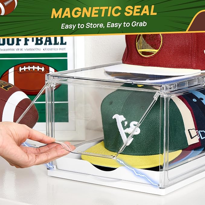 Vtopmart 6 Pack Stackable Baseball Caps Organizer, Each Holds 12 hats | with Sliding Drawer, Magnetic Door, Stackable, Transparent