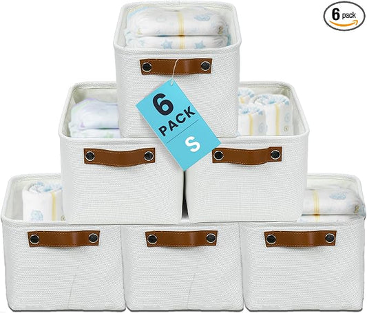 OrganiHaus 12x8in Canvas Storage Baskets, 6 Pack - Fabric Bins for Shelves | Vegan leather handles; a decorative pantry and office organizer, container for desk and books