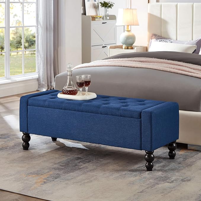 50" W Storage Ottoman Bench with Safety Hinge, Load up to 660 lb Ottoman with Storage, Upholstered Tufted Entryway Bench with Seating for Living Room, Bedroom, Entryway, Blue