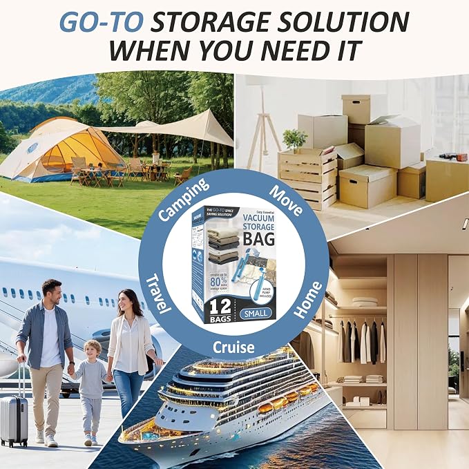 Cozy Essential Vacuum Storage Bags, 80% Compression Vacuum Seal Space Saver Plastic Packaging Bags for Clothes, Blankets, Pillow, Bedding, Comforters, Sealer Clothing Storage,12 Small
