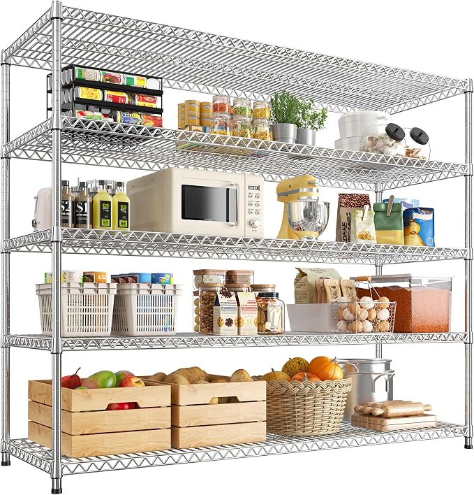 REIBII 55.5" W Storage Shelves 3200LBS Metal Shelving 5 Tier Wire Shelving Garage Shelving Heavy Duty Metal Shelves for Shelving Unit Commercial Adjustable Shelf, 55.5" W X 18''D X 71" H，Chrome