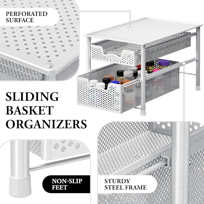Simple Houseware Stackable 2 Tier Sliding Basket Organizer Drawer, White