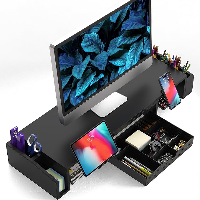 Simple Houseware Desk Dual Monitor Stand Riser with Drawer, Black | Customizable Organizer Tray, Built-In Phone & Tablet Slot and Side Storage