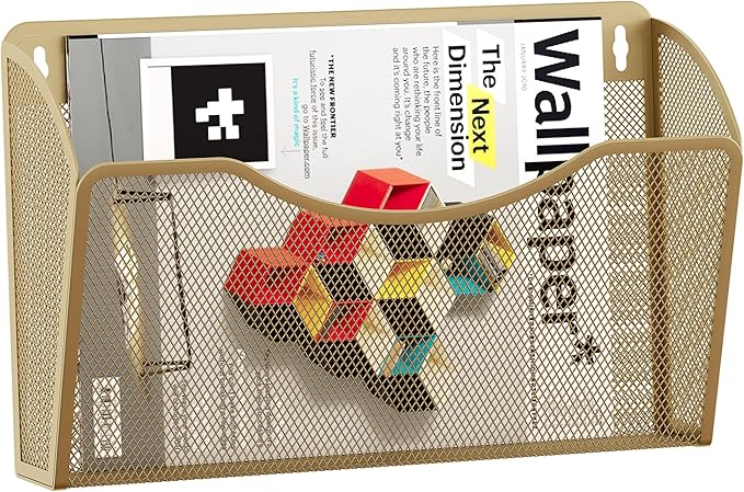EasyPAG Wall File Organizer, Metal Mesh Hanging File Folder Holder for Letter/A4 Size Folders, Vertical Wall Mount Mail Sorter for Office Paperwork, Classroom, Gold