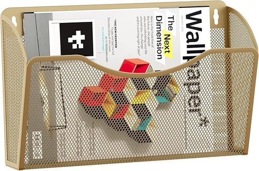 EasyPAG Wall File Organizer, Metal Mesh Hanging File Folder Holder for Letter/A4 Size Folders, Vertical Wall Mount Mail Sorter for Office Paperwork, Classroom, Gold