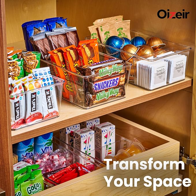 Oizeir Clear Pantry Organizer Bins 8-Pack - Fridge Organizer with 3 Removable Dividers, Ideal for Kitchen, Pantry, Refrigerator, Freezer, and Snack Storage