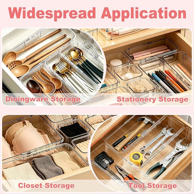 16 Pcs Extendable Clear Drawer Organizer, 3-Size Adjustable Boxes | 3-mm Extra Thick Acrylic Storage Bins for Vanity, Desk, Makeup, Cosmetics, Tool, Bedroom Dressers & Bathroom Organization