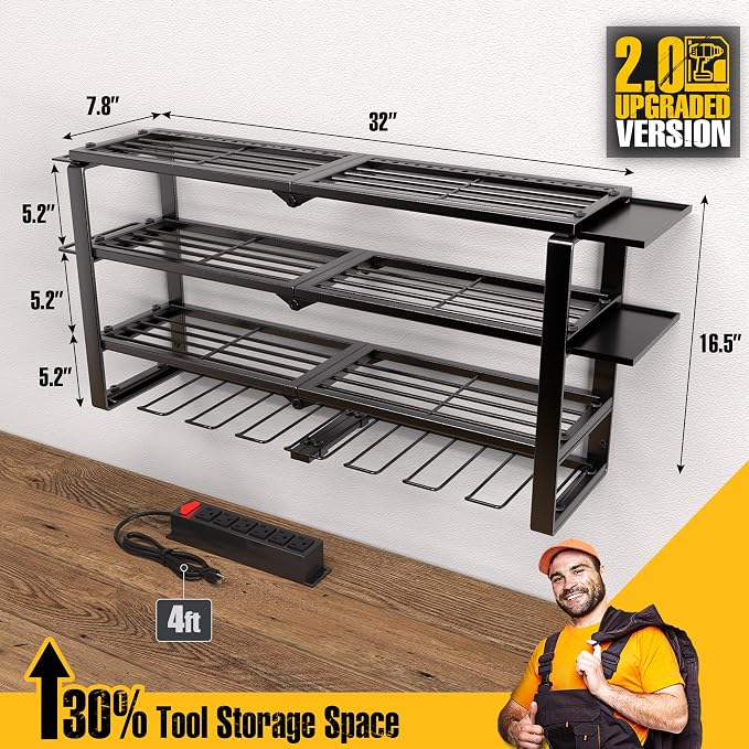 Spampur 420LB Capacity Power Tool Organizer with Charging Station & 6 Outlets | Quick Assembly 4-Layer Heavy Duty Rack for Drills & Batteries | Ultimate Garage Storage & Christmas Gift for Men | Garage Storage for Workshop, Christmas Gift for Men, Dad,...