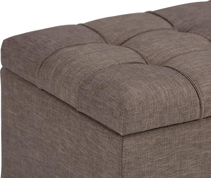 SIMPLIHOME Sienna 33" Wide Vegan Leather Storage Ottoman in Satin Cream | Tanners brown, transitional ottoman with tufting and lift-up lid; rectangle storage bench for living room or entryway.