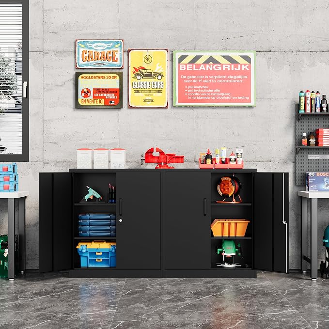 Fesbos Metal Storage Cabinet-36” Tall Steel File Cabinet with Lockable Doors and Adjustable Shelves-Black Steel Storage Cabinet for Home, School, Office, Garage