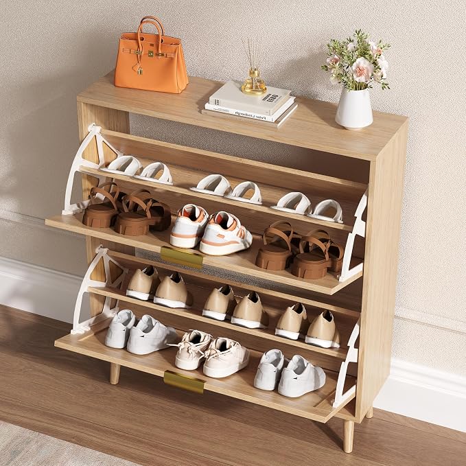 BORNOON Shoe Cabinet for Entryway with 2 Flip Drawers, Slim Wooden Shoe Storage Organizer with Modern Fluted Pannel，Freestanding Narrow Hidden Shoe Rack for Hallway, Foyer, Living Room